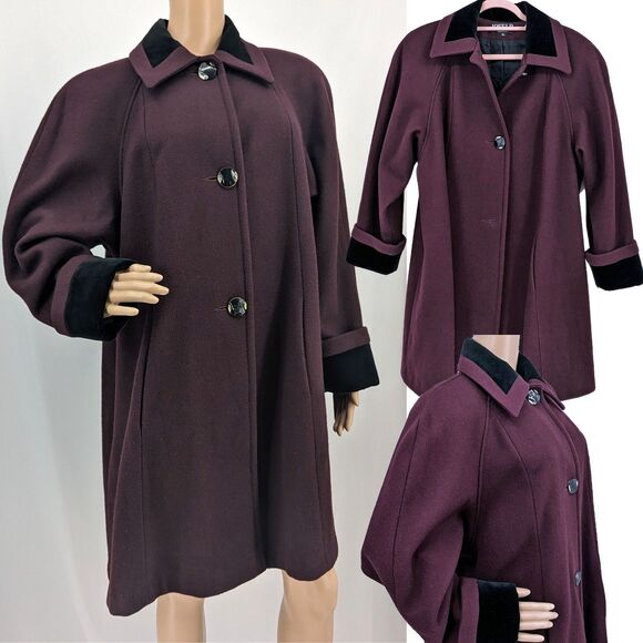 Vintage 1970s Jofeld Wool Coat Plum Swing Velvet Trim Winter Plus Size 1X - Picture 15 of 15
